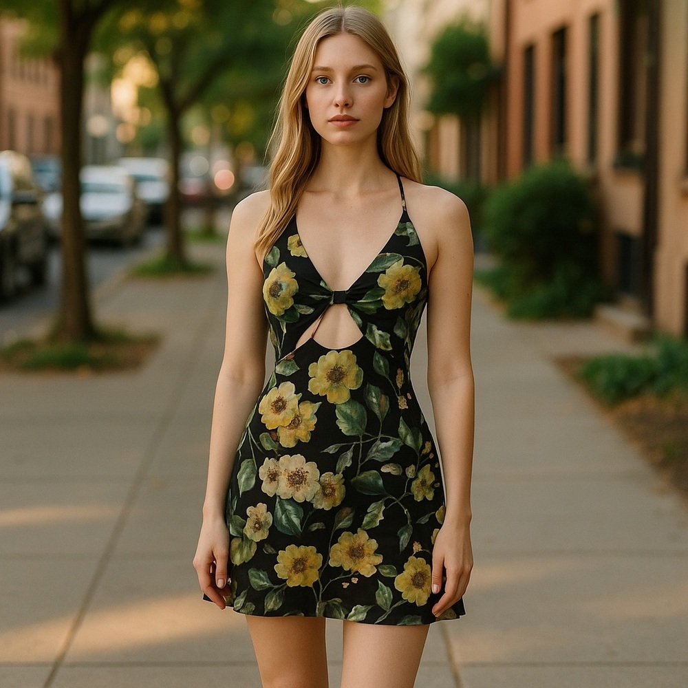 RP 4 LF Floral Cutout Halter Mini Vacation Summer Spring Dress XS